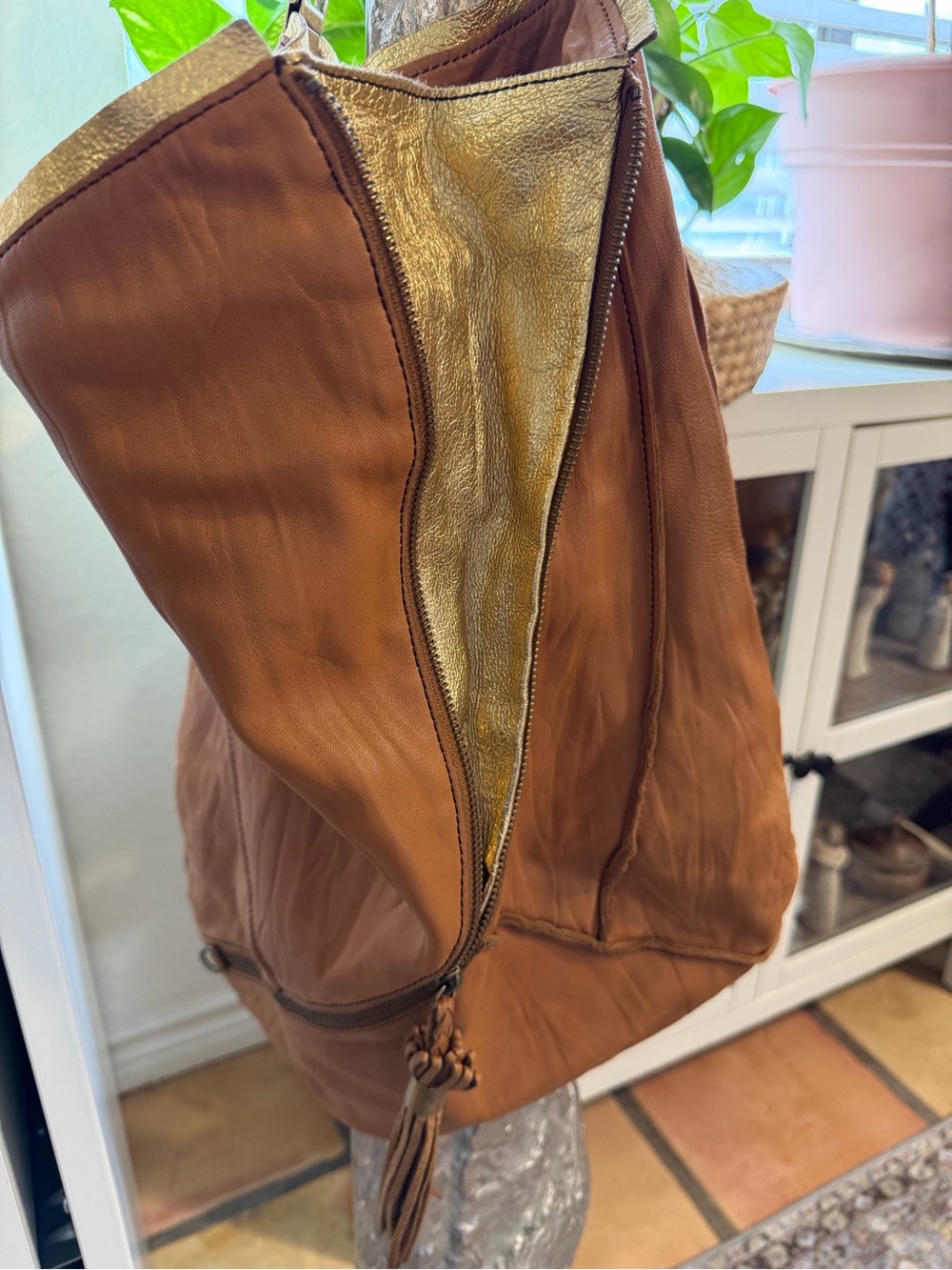 Leather Tassel Hobo Bag - Brown & Gold